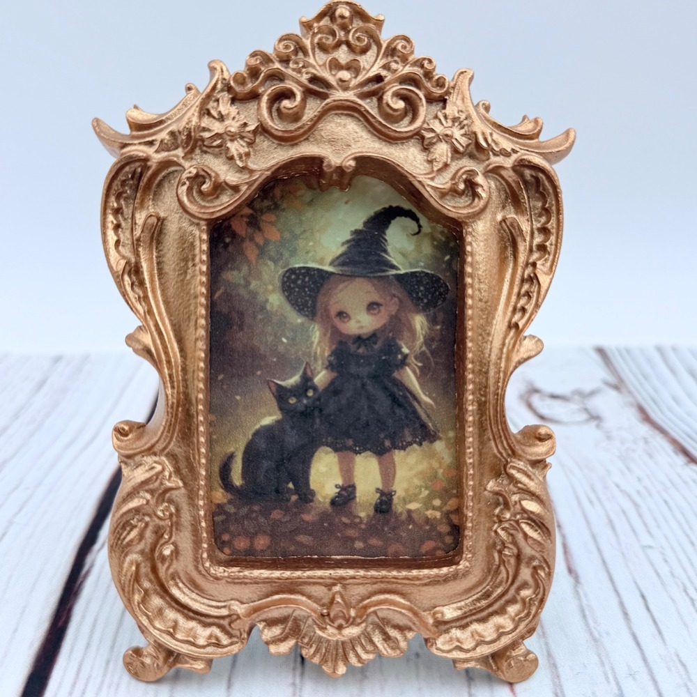 Miniature Ornate Gold Framed Witch and Black Cat Original Art Print 4.5x3.5